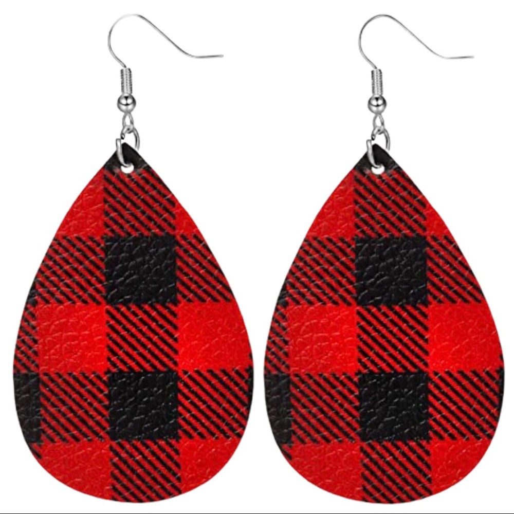 Earrings, Teardrop Plaid / Checkered Faux Leather